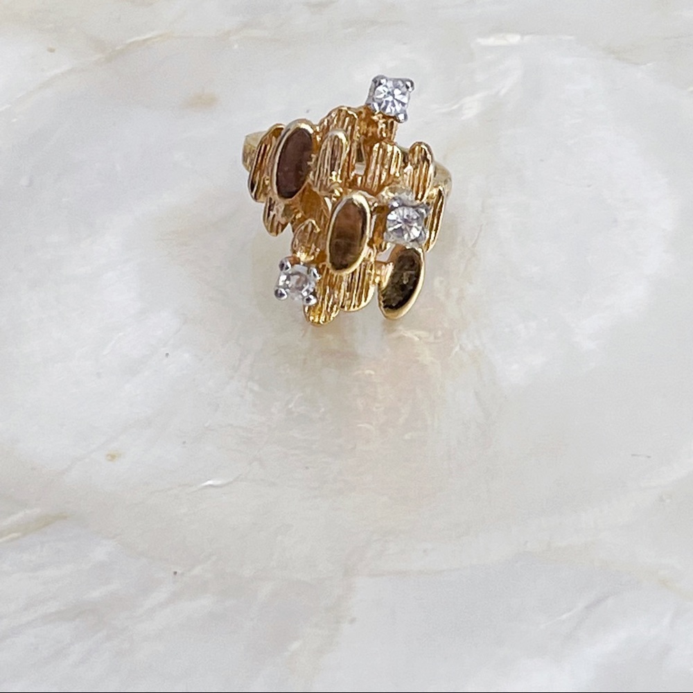 Vintage 18K HGE CZ Abstract Nugget Brutalist Ring Sz 5 Cocktail Statement Ring - Picture 10 of 13